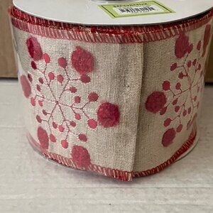 Regency International NIP 4" Wired Embroidered Red Snowflake Burlap Ribbon 10 yd